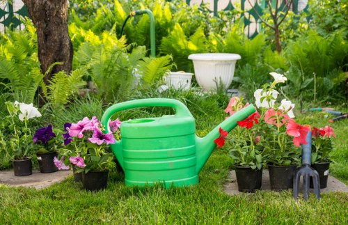 A garden scene featuring a variety of flowering plants in black pots, including pink and white blooms, arranged along a grassy lawn area. In the foreground, a green plastic watering can with a red spout is placed among the potted flowers. Behind the plants, there is a background of lush green foliage, some taller plants or small trees, and garden tools such as a rake visible in the distance. The garden is well-maintained with neatly trimmed grass and a natural outdoor setting, likely part of a residential garden in Hayes, with ambient daylight suggesting a clear weather condition. This outdoor space reflects typical gardening and landscaping features, suitable for services like hedge trimming and lawn care offered by Hedge Trimming Hayes.